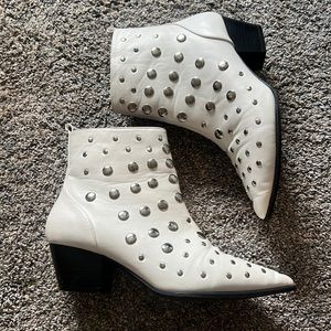 White silver studded heeled booties